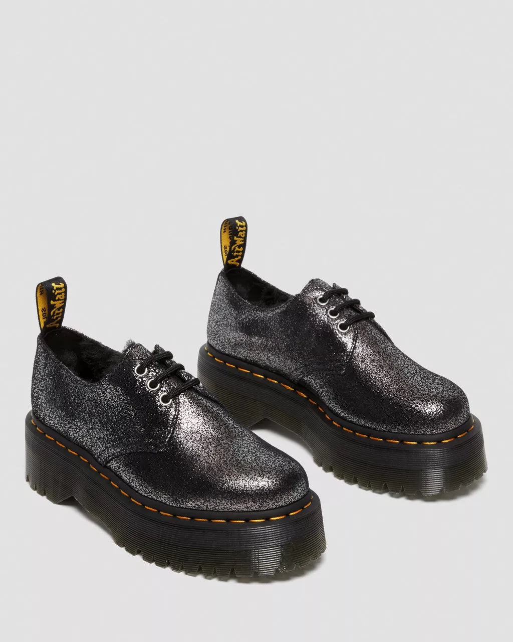 DR MARTENS 1461 Faux Fur-Lined Metallic Leather Platform Shoes
