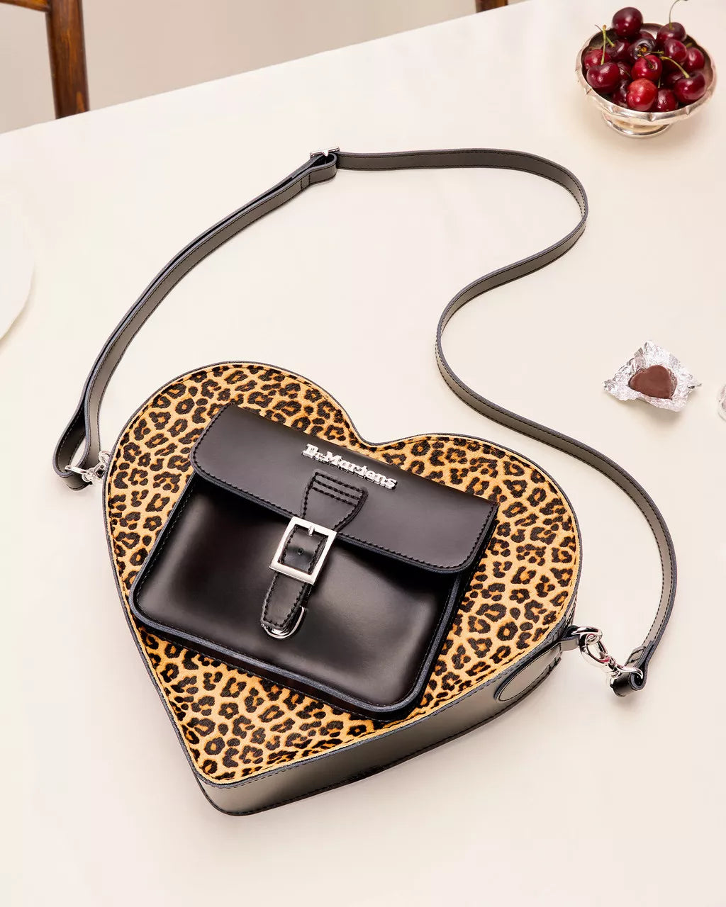 DR MARTENS Leopard Hair-On Kiev Leather Heart Shaped Bag