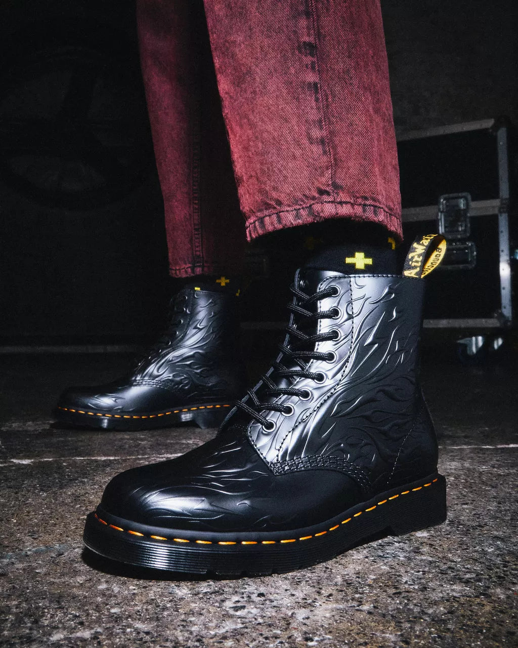 DR MARTENS 1460 Flames Emboss Leather Lace Up Boots