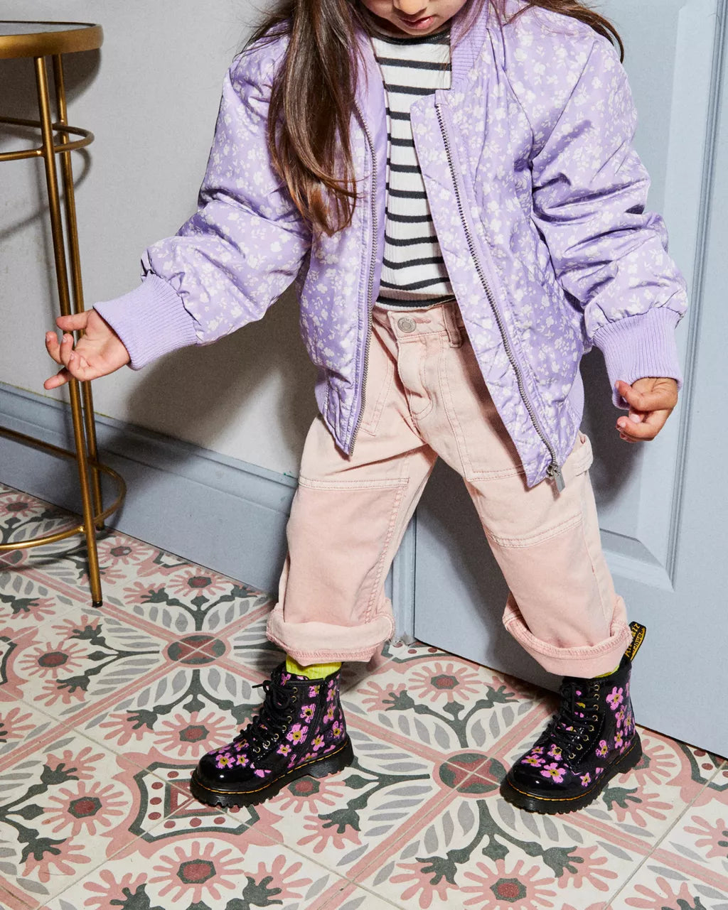 DR MARTENS Toddler 1460 Floral Patent Boots