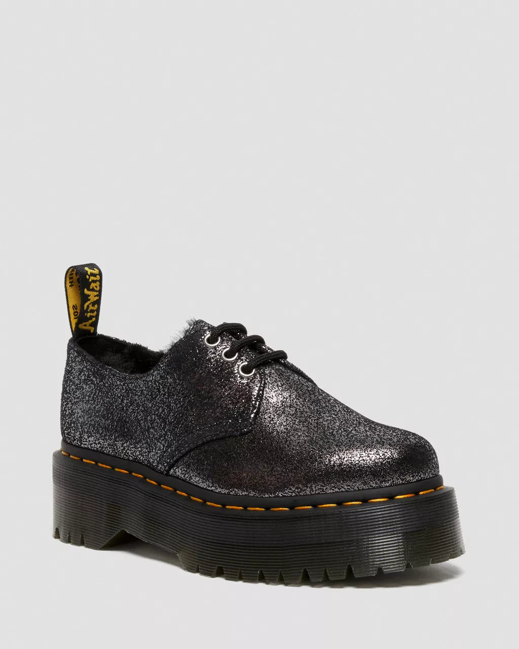 DR MARTENS 1461 Faux Fur-Lined Metallic Leather Platform Shoes