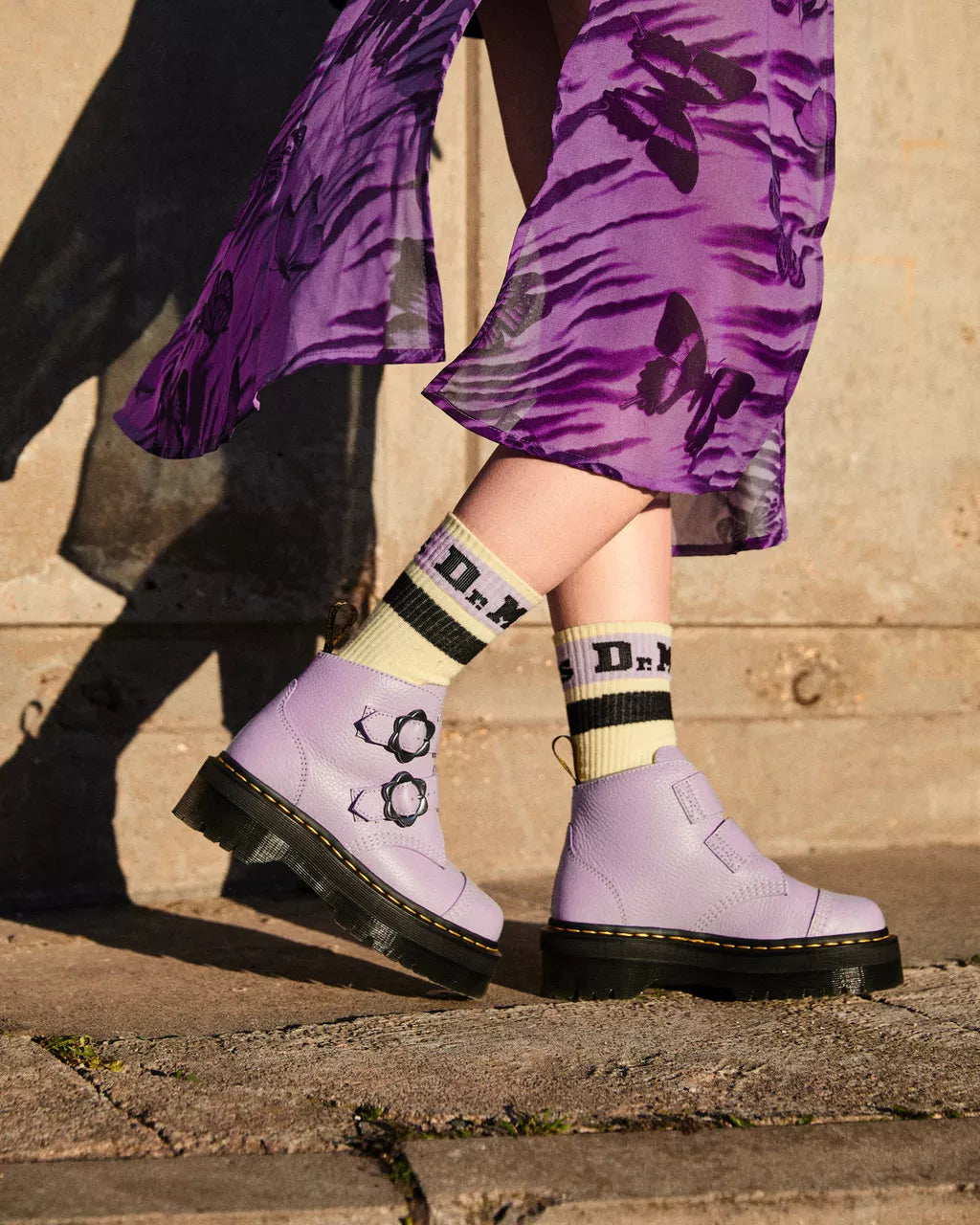 DR MARTENS Devon Flower Buckle Milled Nappa Leather Platform Boots