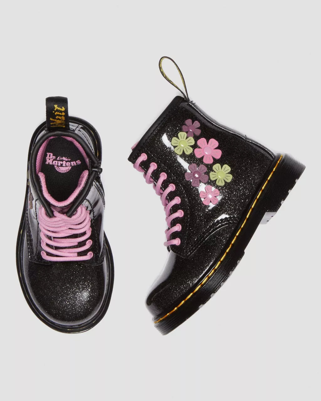 DR MARTENS Toddler 1460 Glitter &amp; Flower Applique Lace Up Boots